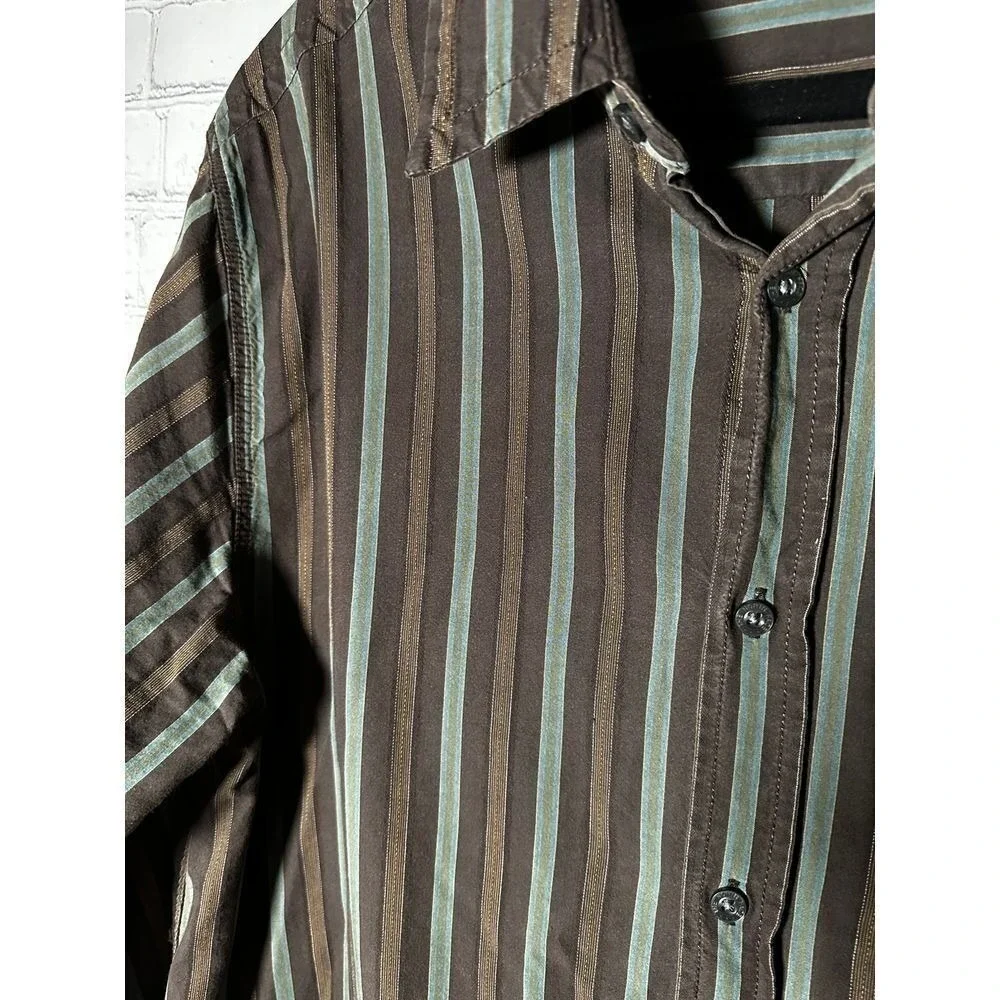 The North Face A5 Series Mens Large Brown Teal Striped Cotton Button Down Shirt